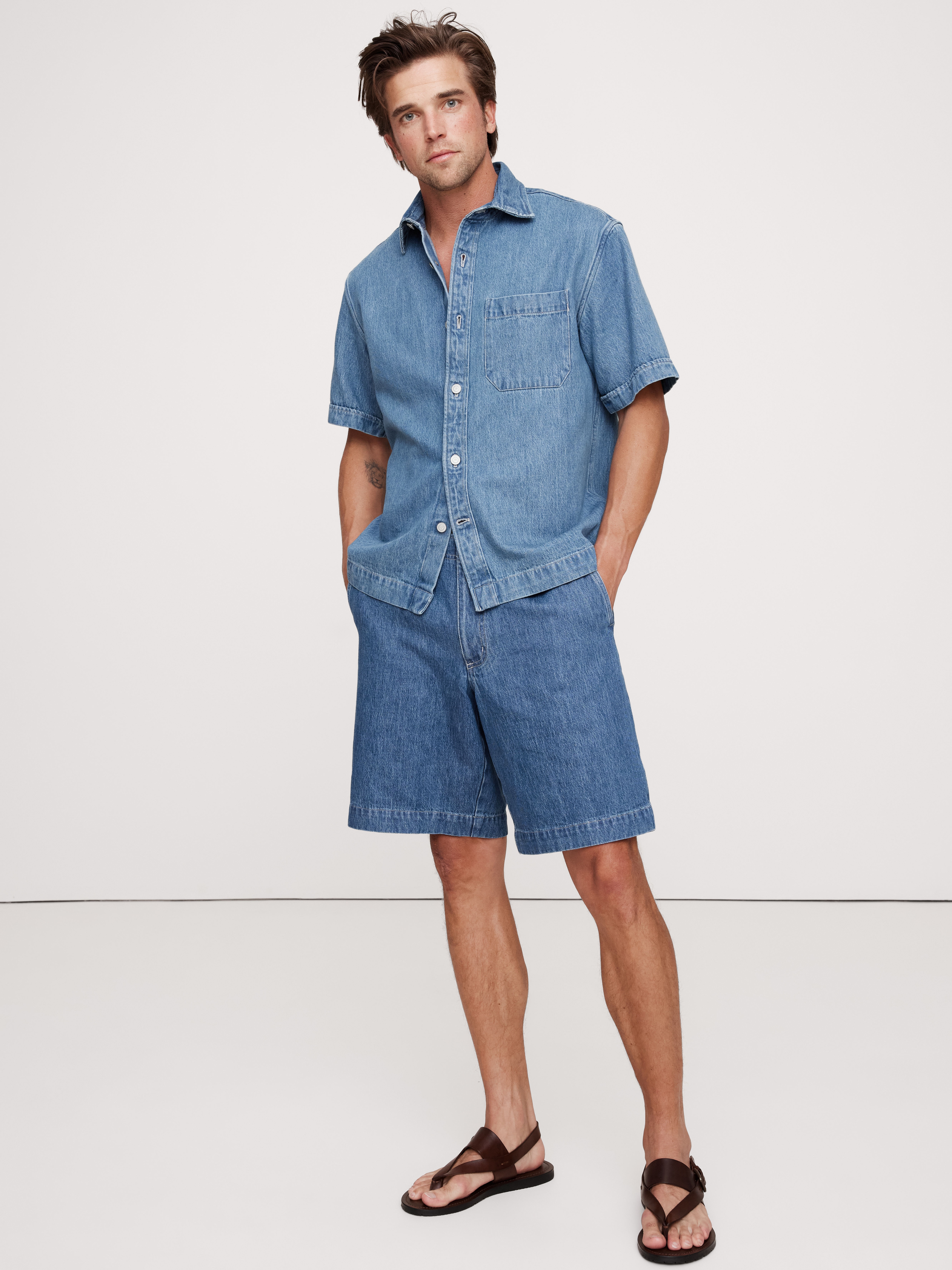 【BAON】[unisex] Renhi Stripe Banding Denim Bermuda Pants Striped denim Bermuda shorts - pull&bear