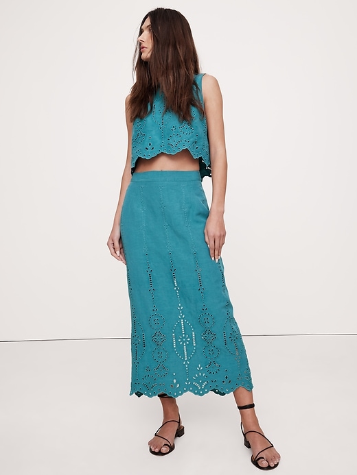 TENCEL™-Linen Eyelet Long Midi Skirt | Banana Republic