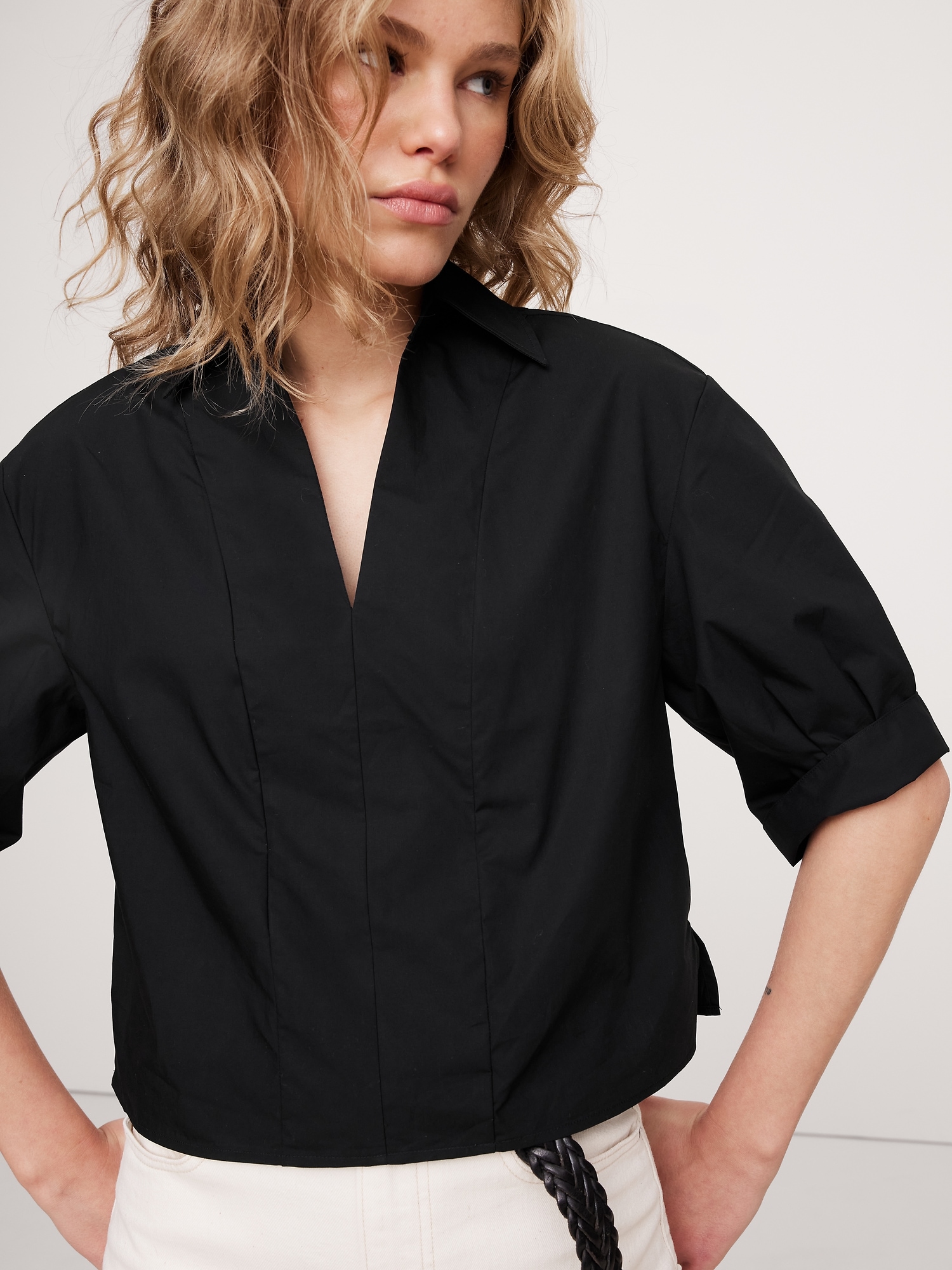 Balloon-Sleeve Cotton Poplin Popover Top