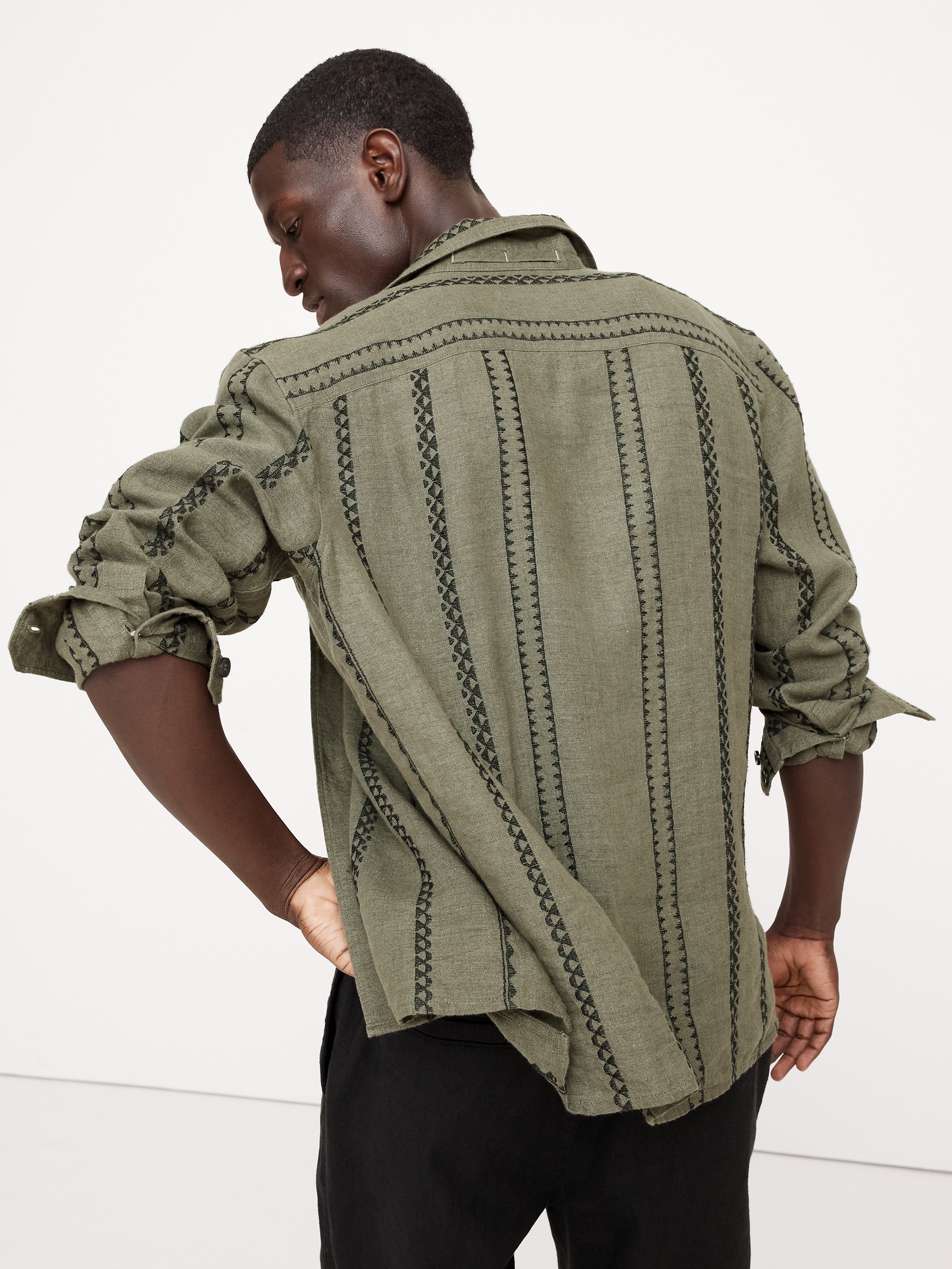 Standard-Fit Embroidered Linen Long-Sleeve Resort Shirt