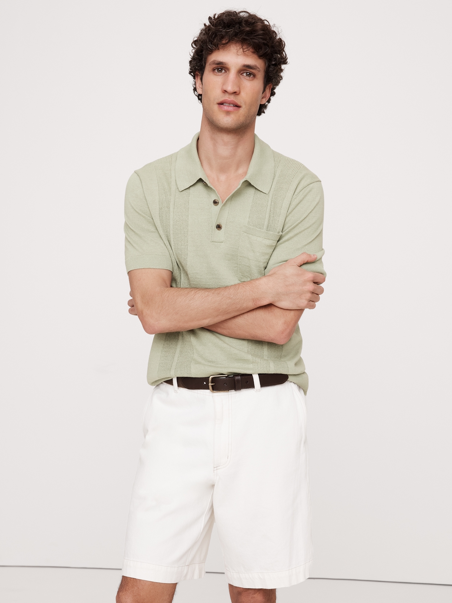 Linen-Cotton Ribbed Sweater Polo