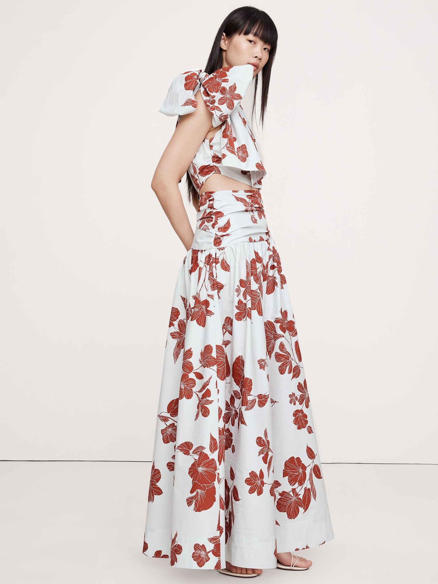 Stretch-Cotton Poplin One-Shoulder Drop-Waist Maxi Dress