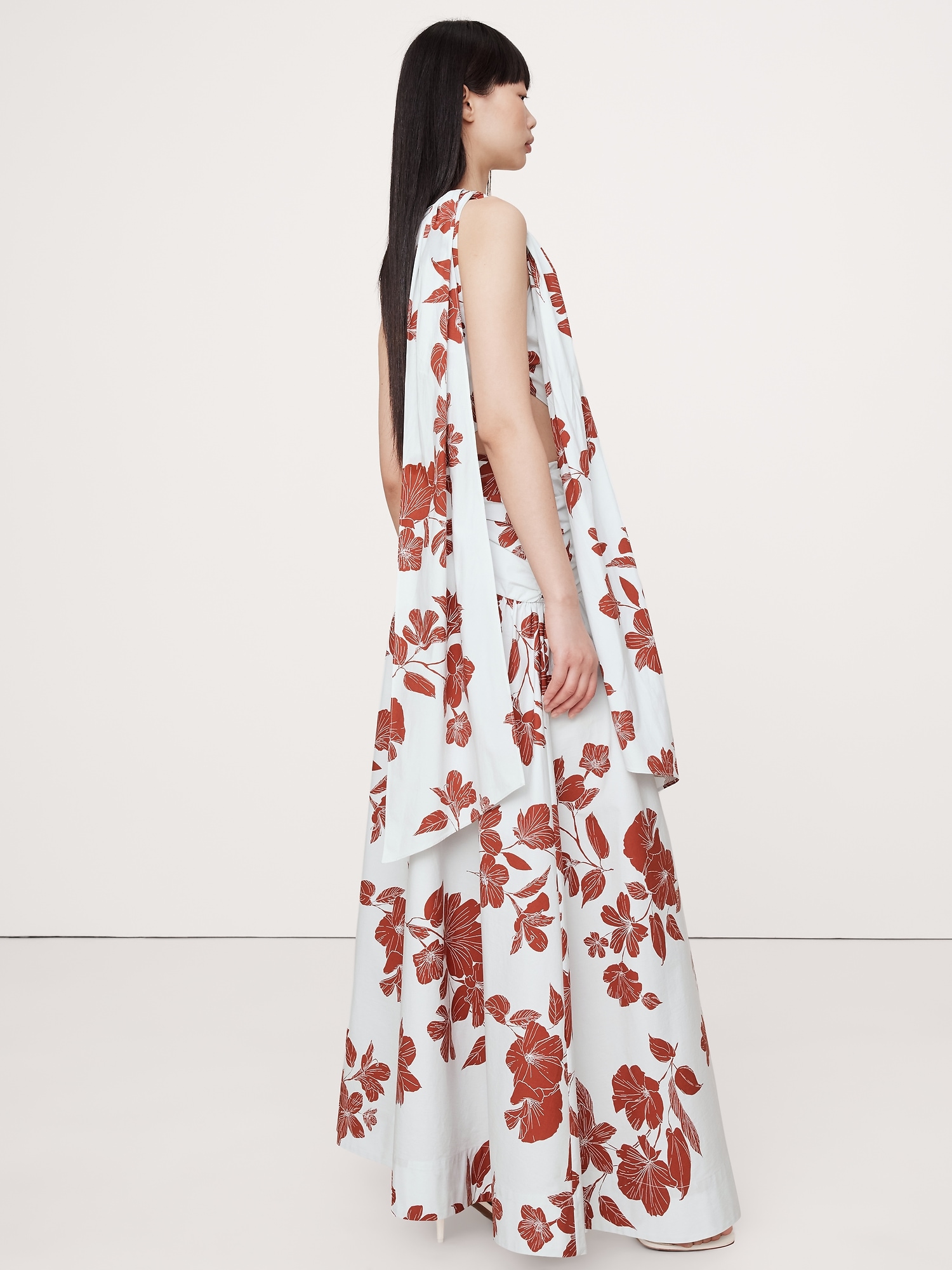 Stretch-Cotton Poplin One-Shoulder Drop-Waist Maxi Dress