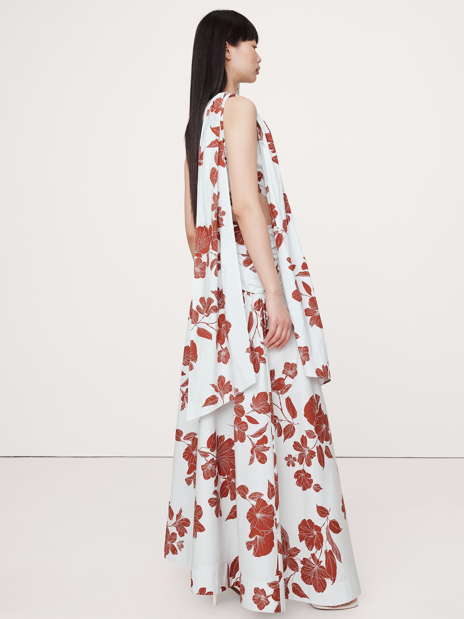 Stretch-Cotton Poplin One-Shoulder Drop-Waist Maxi Dress
