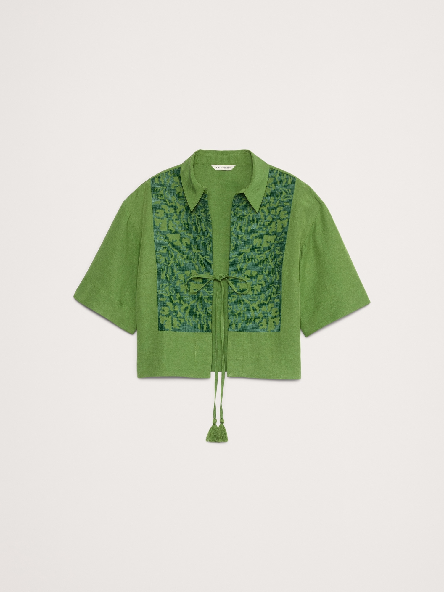 Embroidered Tencel™-Linen Tie-Front Top