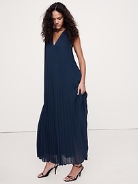 Pleated Georgette Open-Back Long Midi Dress