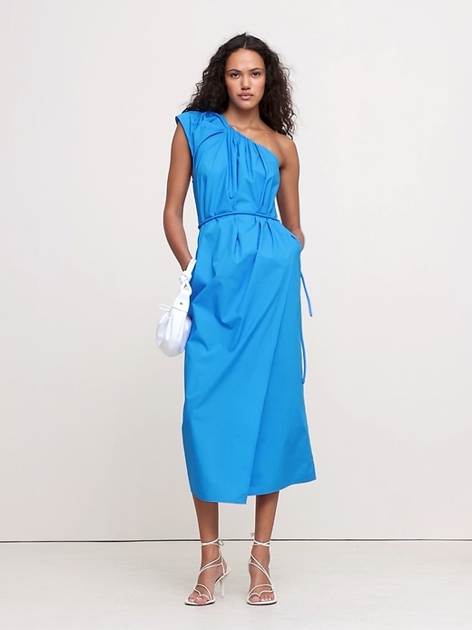 white christmas dresses Bridgette One Shoulder Balloon Sleeve Poplin Midi Dress – Sugarlips main image 0