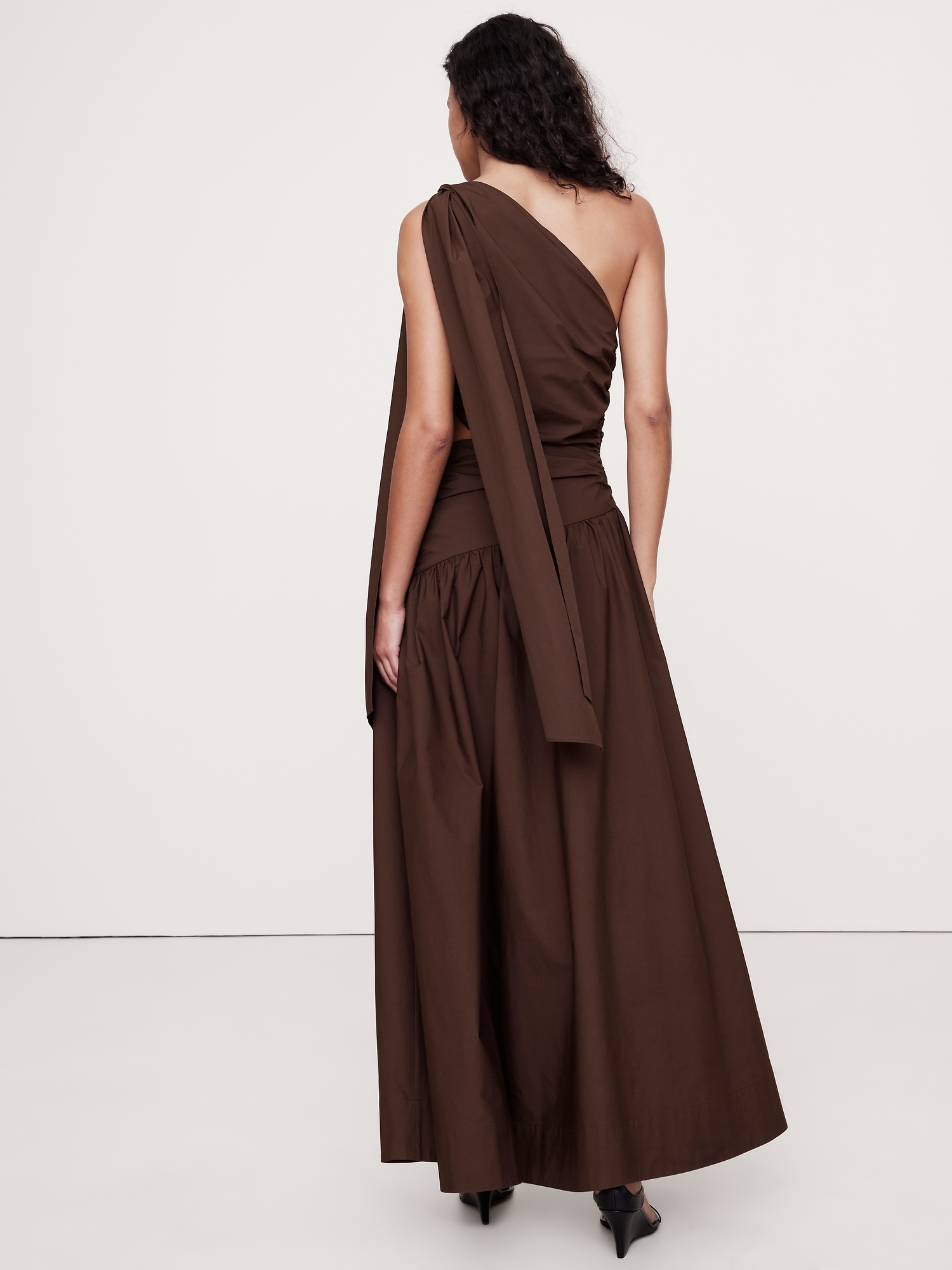 Stretch-Cotton Poplin One-Shoulder Drop-Waist Maxi Dress