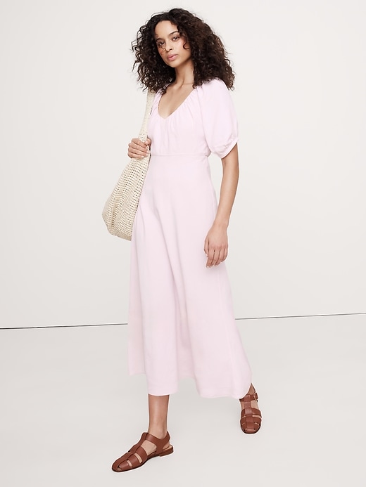 Viscose-Linen Dupioni Ruched Long Midi Dress