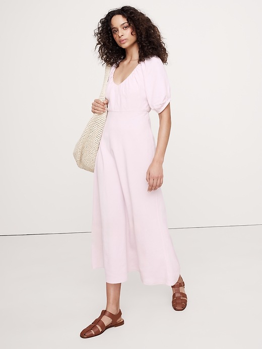 Viscose-Linen Dupioni Ruched Long Midi Dress