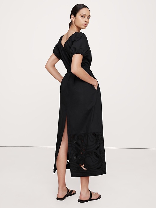 embroidered cotton poplin ruched dress Olea Sky Blue Striped Cotton Poplin Ruched Midi Dress