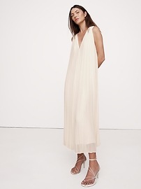 Pleated Georgette Open-Back Long Midi Dress
