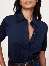 Silky Cotton Short-Sleeve Button-Down Top