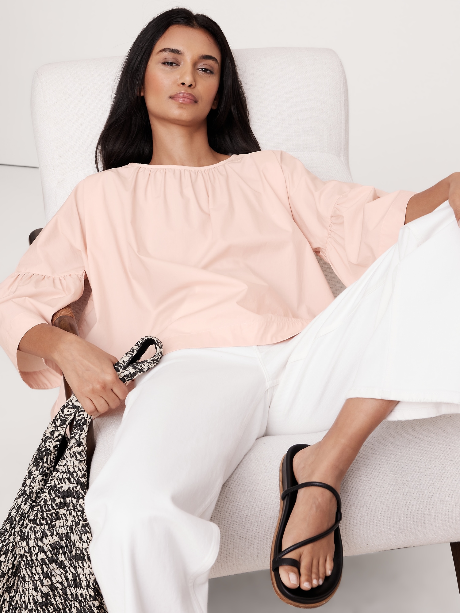 Oversized Cotton Poplin Shirred Top