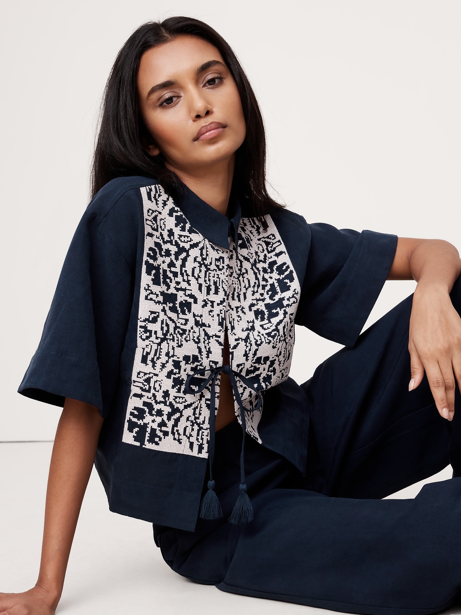 Embroidered Tencel™-Linen Tie-Front Top