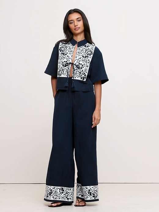 Embroidered Tencel™-Linen Tie-Front Top | Banana Republic