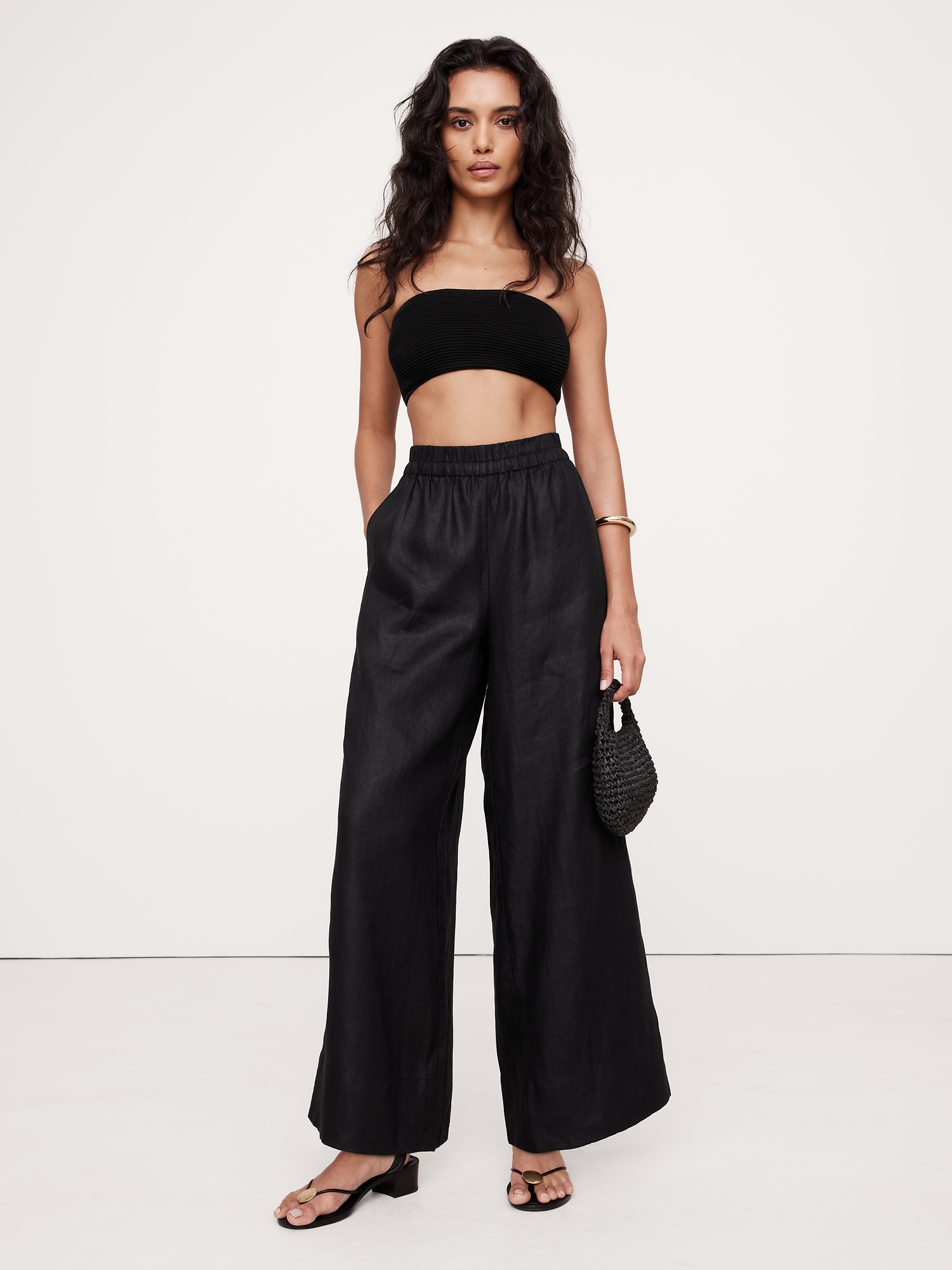 Wide-Leg Pull-On Linen Ankle Pant