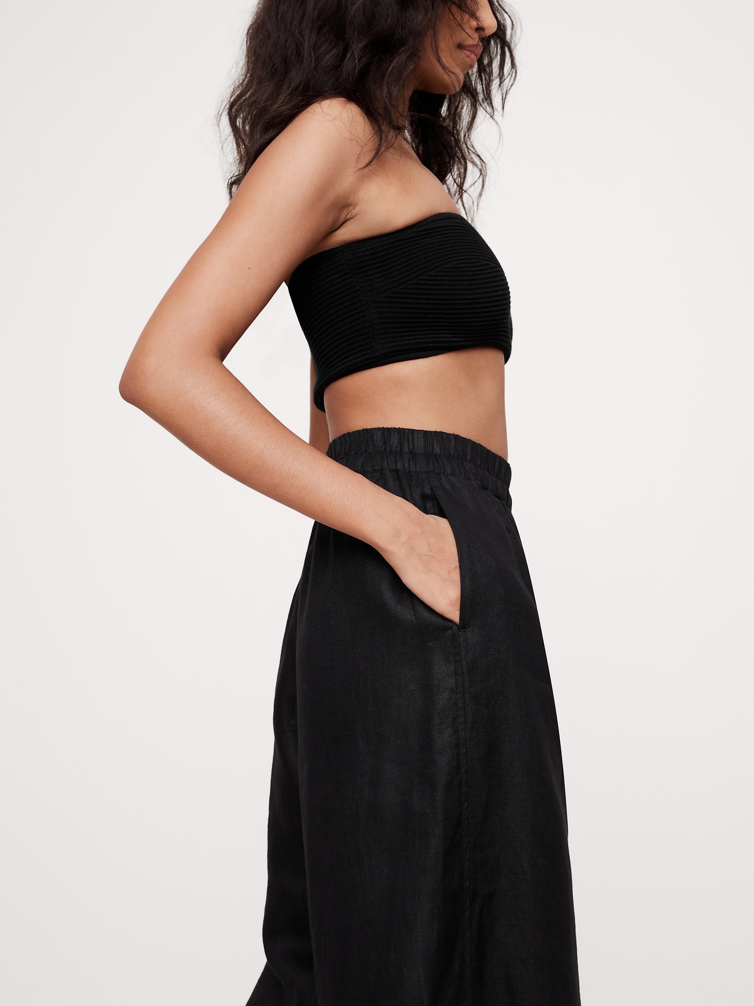 Wide-Leg Pull-On Linen Ankle Pant