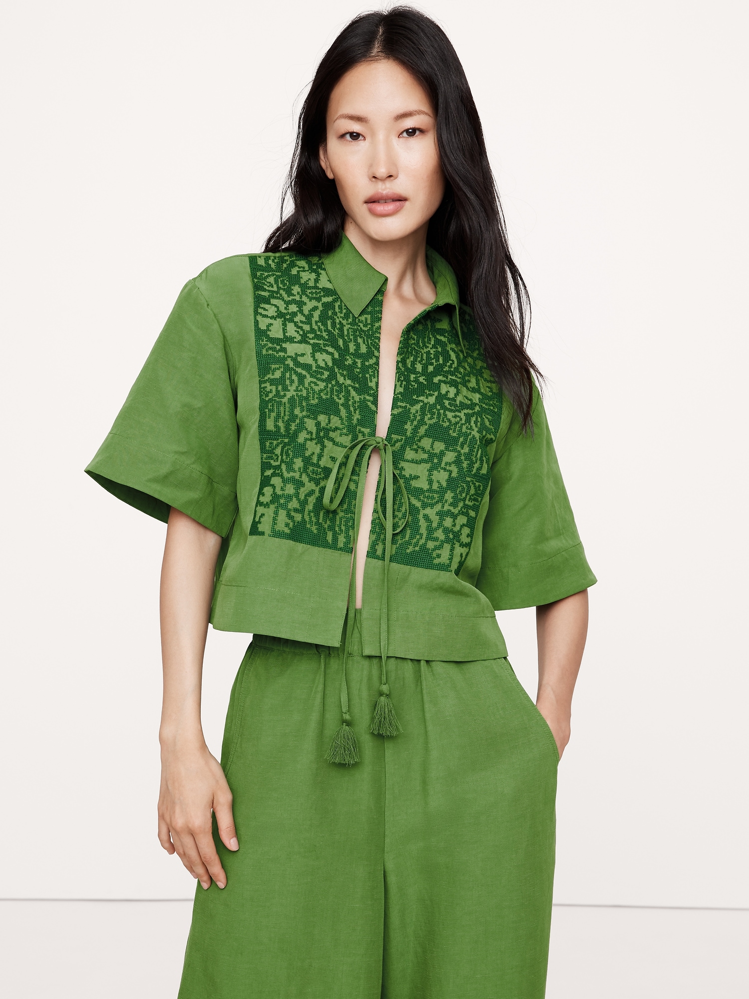 Embroidered Tencel™-Linen Tie-Front Top