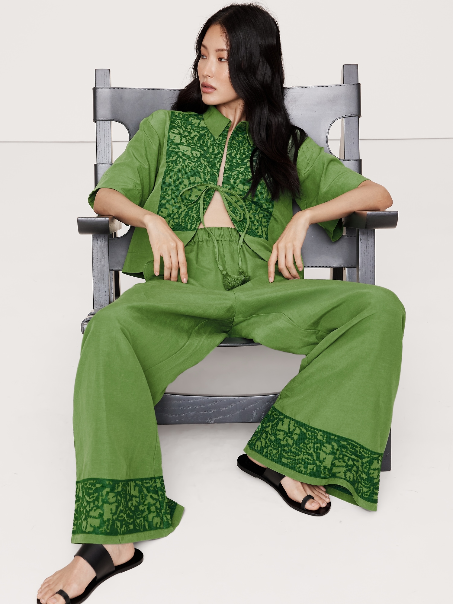 Embroidered Tencel™-Linen Tie-Front Top