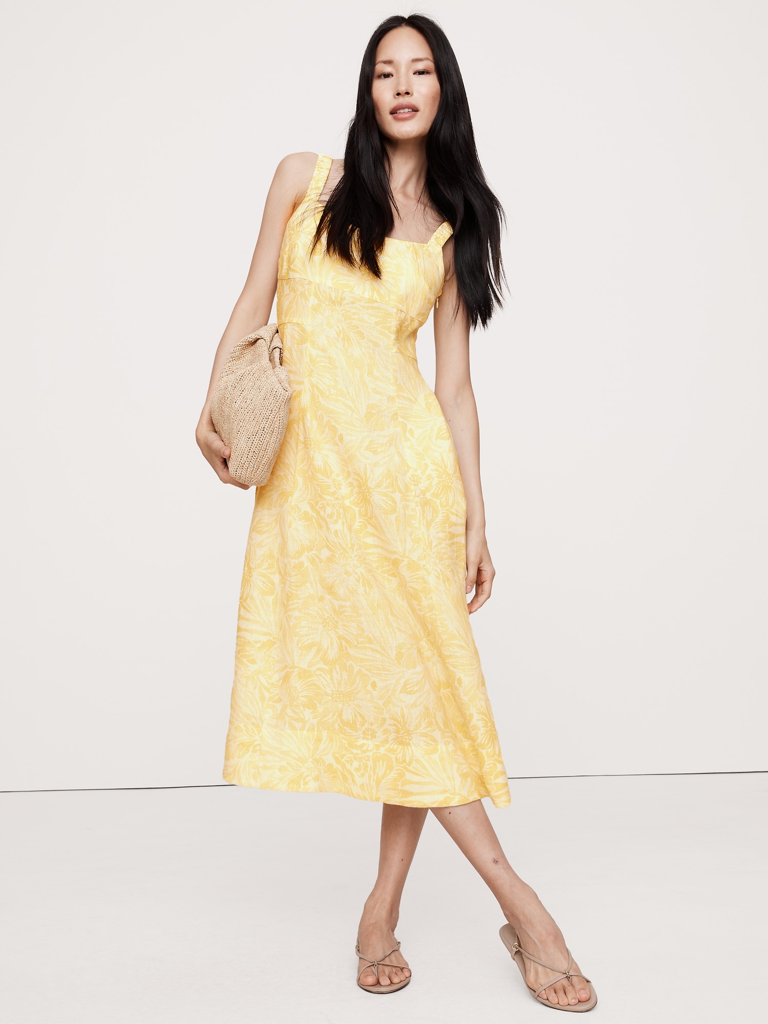 Linen Square-Neck Midi Dress