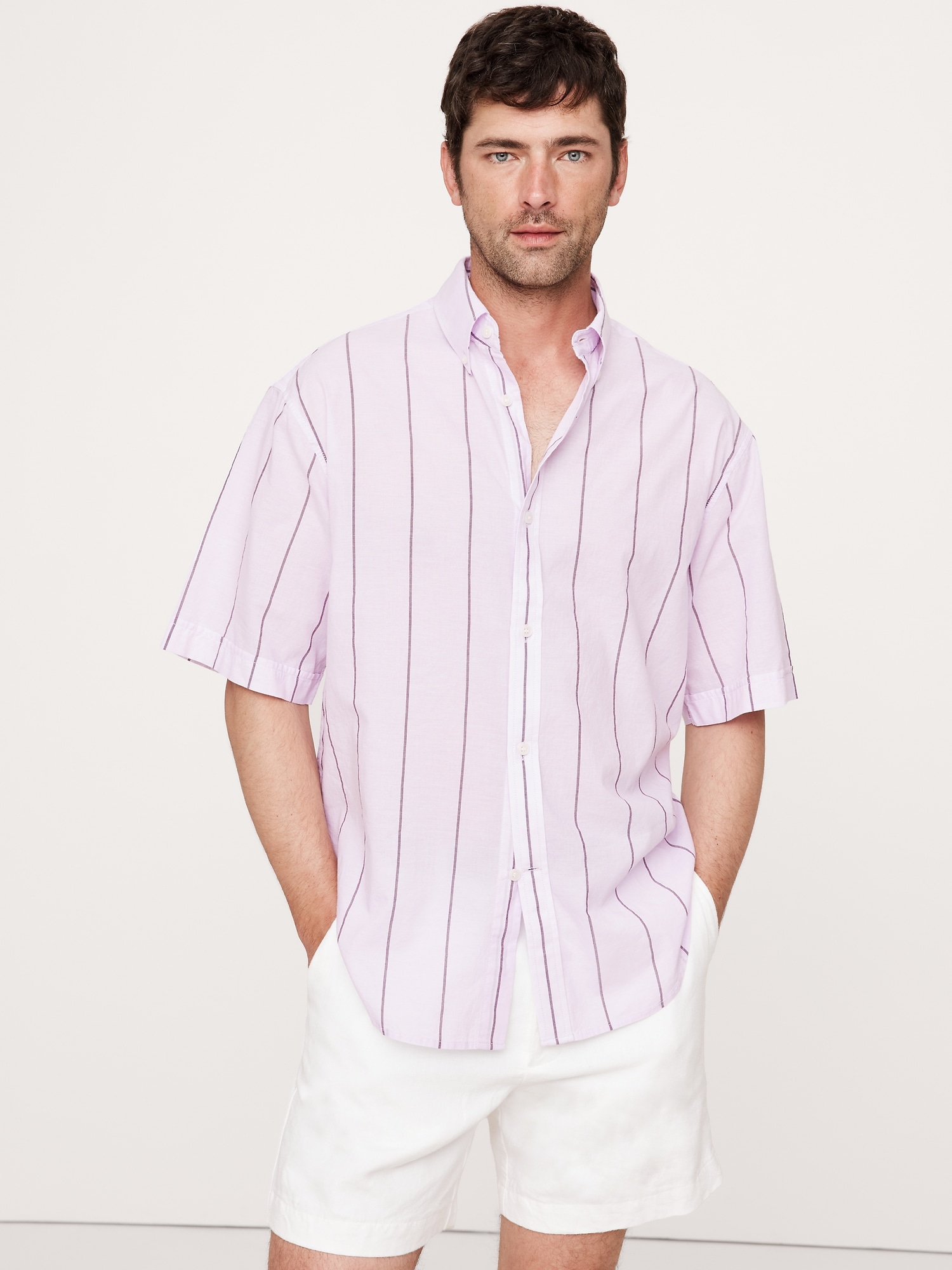 Relaxed-Fit Summerweight Cotton Short-Sleeve Shirt - Purple