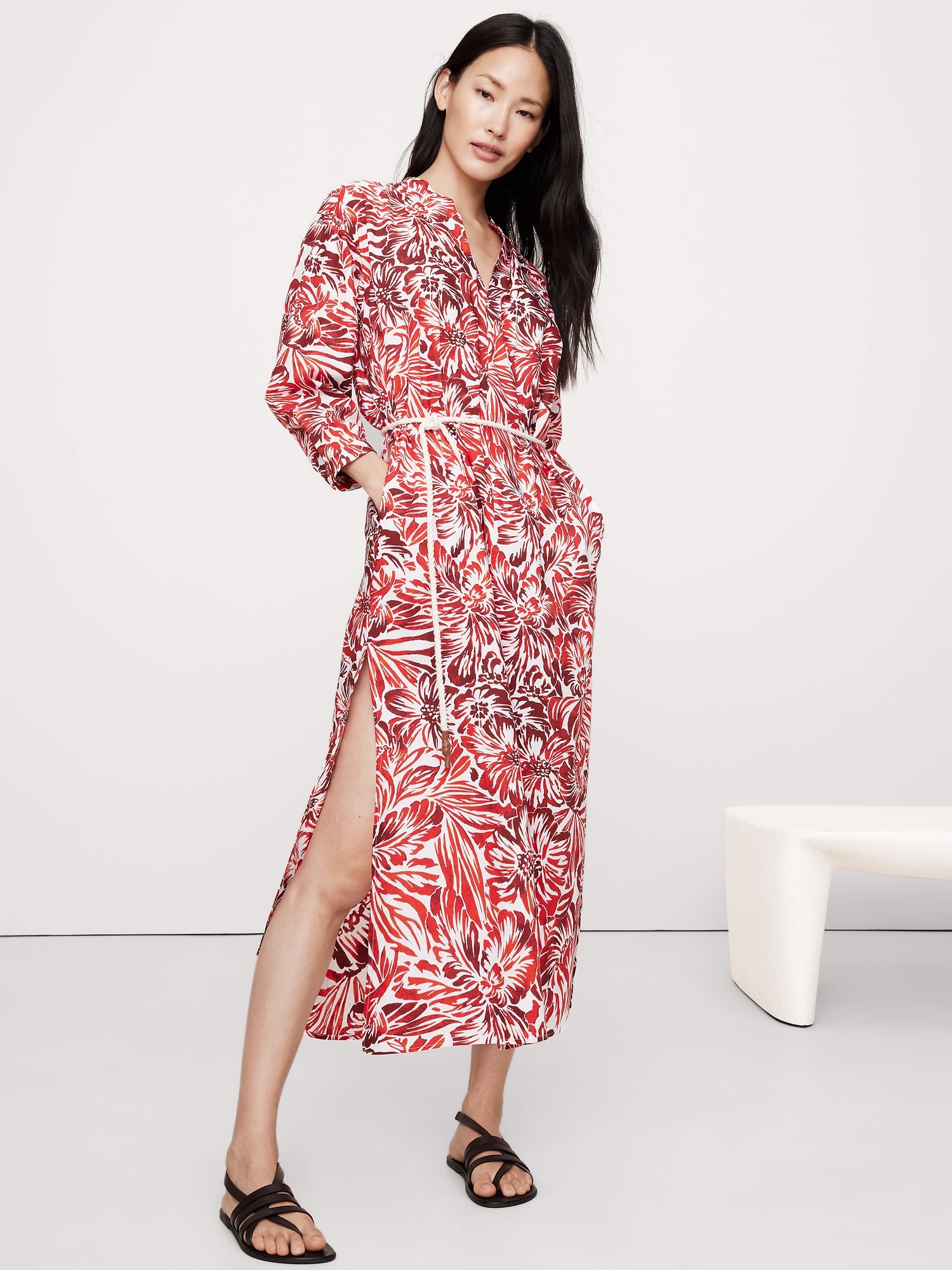 Cotton Poplin Split-Neck Shirt Dress - Red