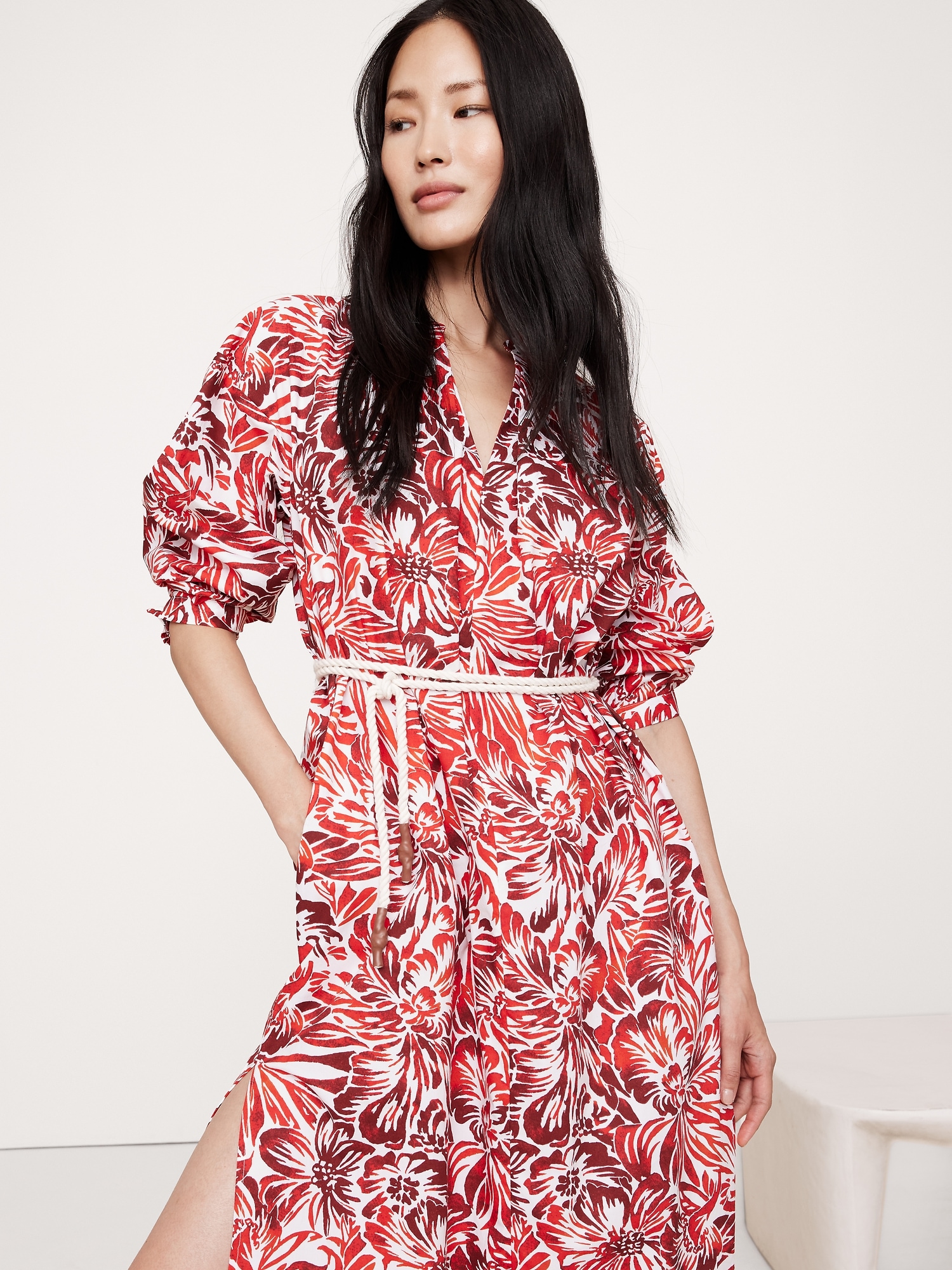 Cotton Poplin Split-Neck Shirt Dress