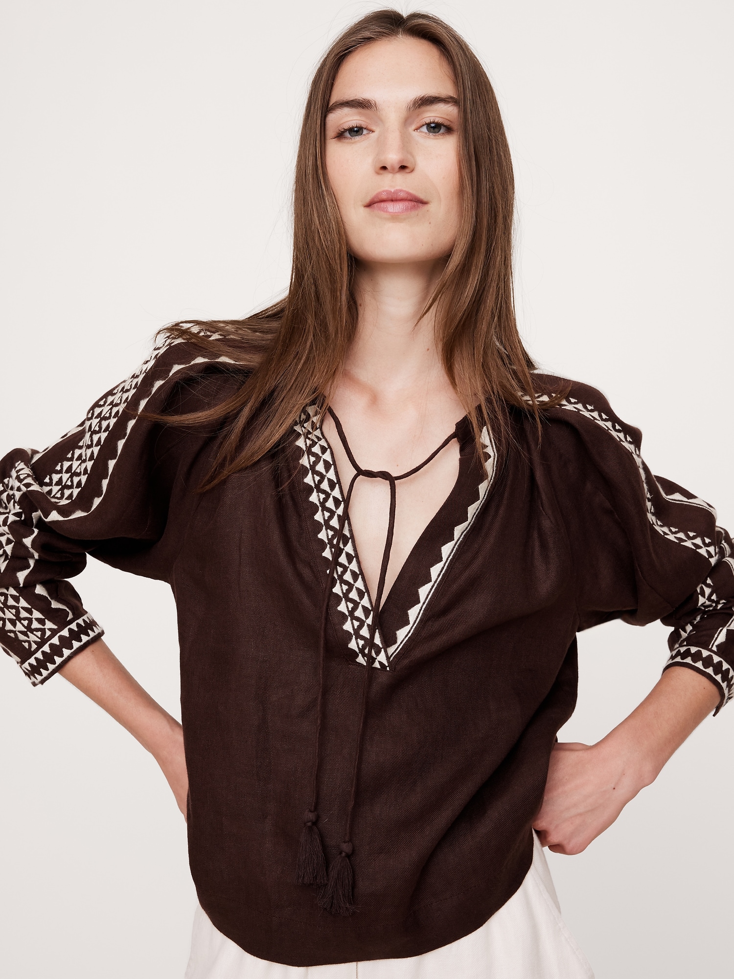 Embroidered Linen Peasant Blouse
