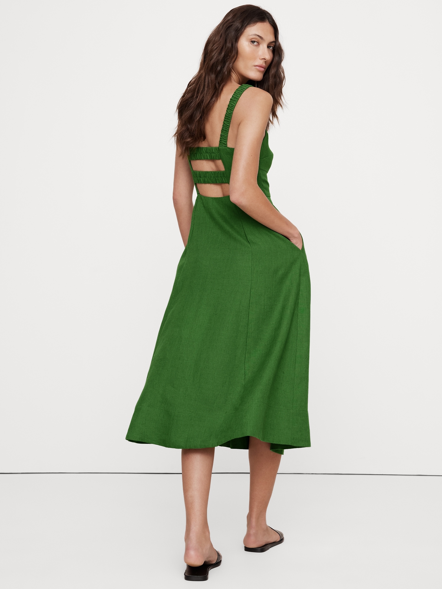 Linen Square-Neck Midi Dress