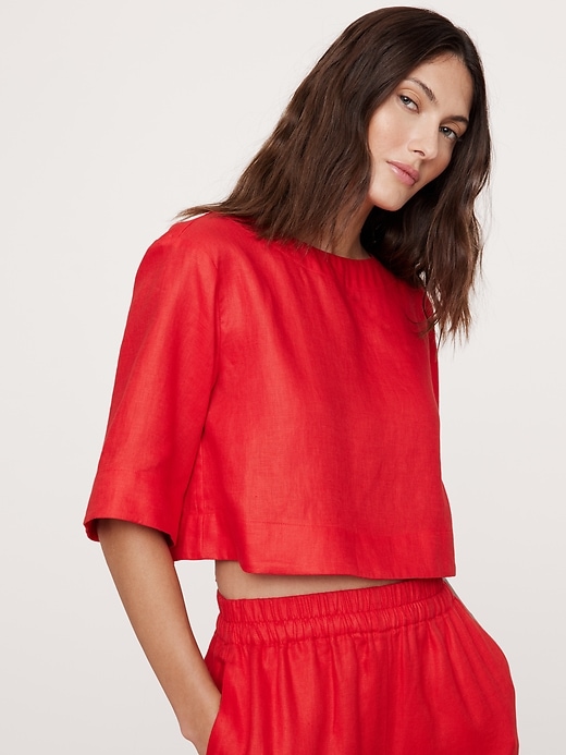 Linen Boat-Neck Cropped Top