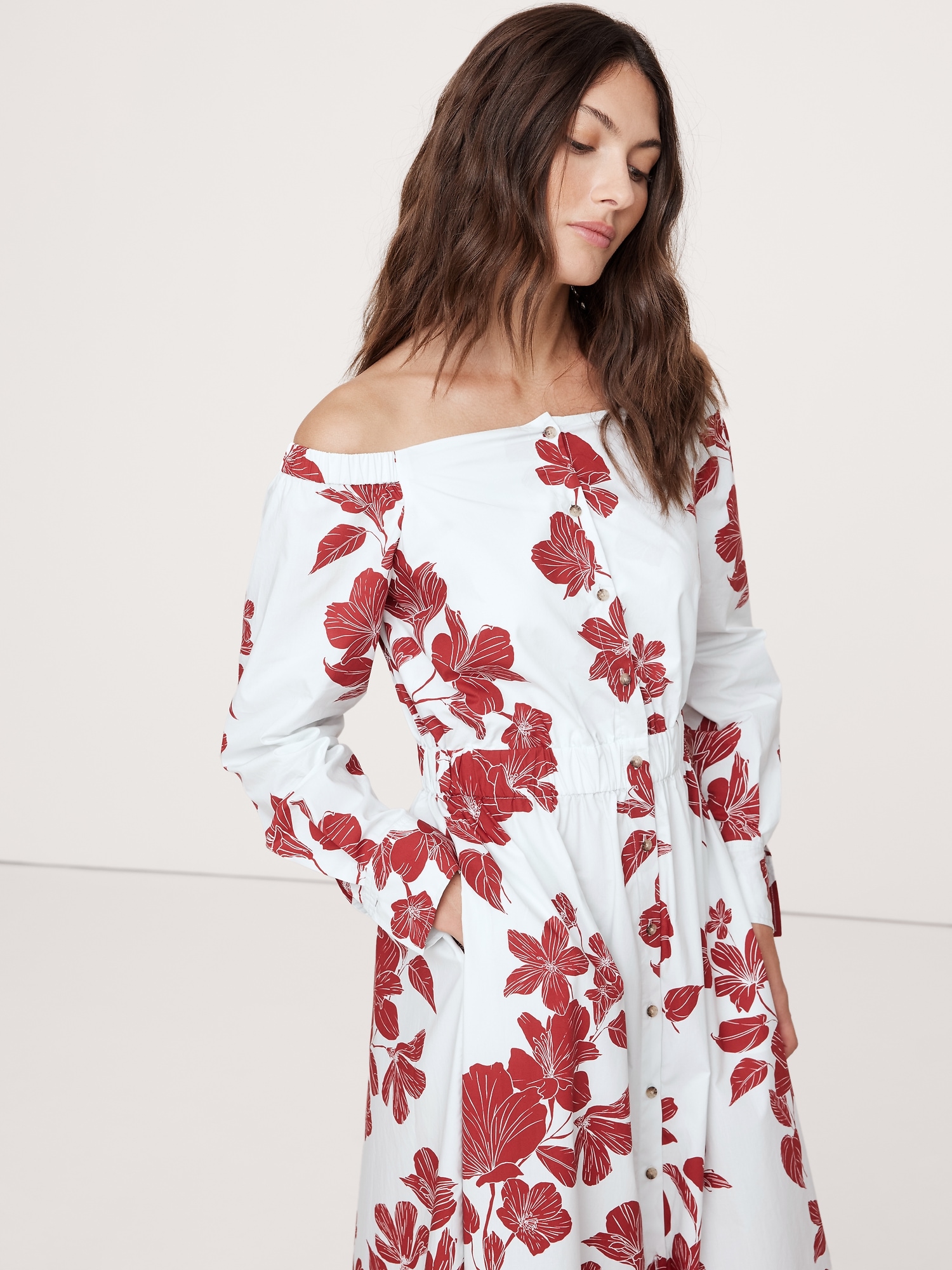 Cotton Poplin Off-the-Shoulder Long Midi Shirt Dress
