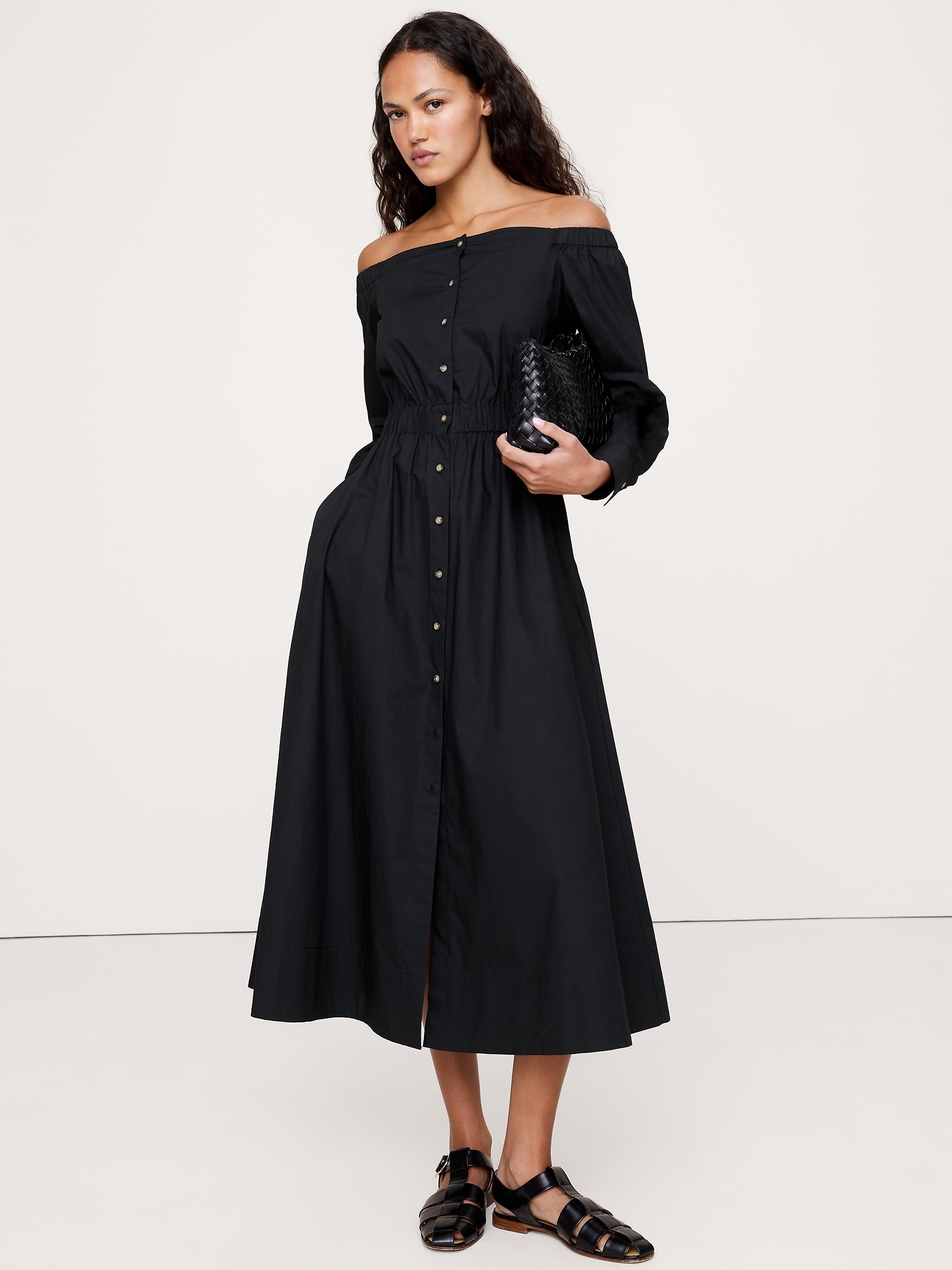 Cotton Poplin Off-the-Shoulder Long Midi Shirt Dress