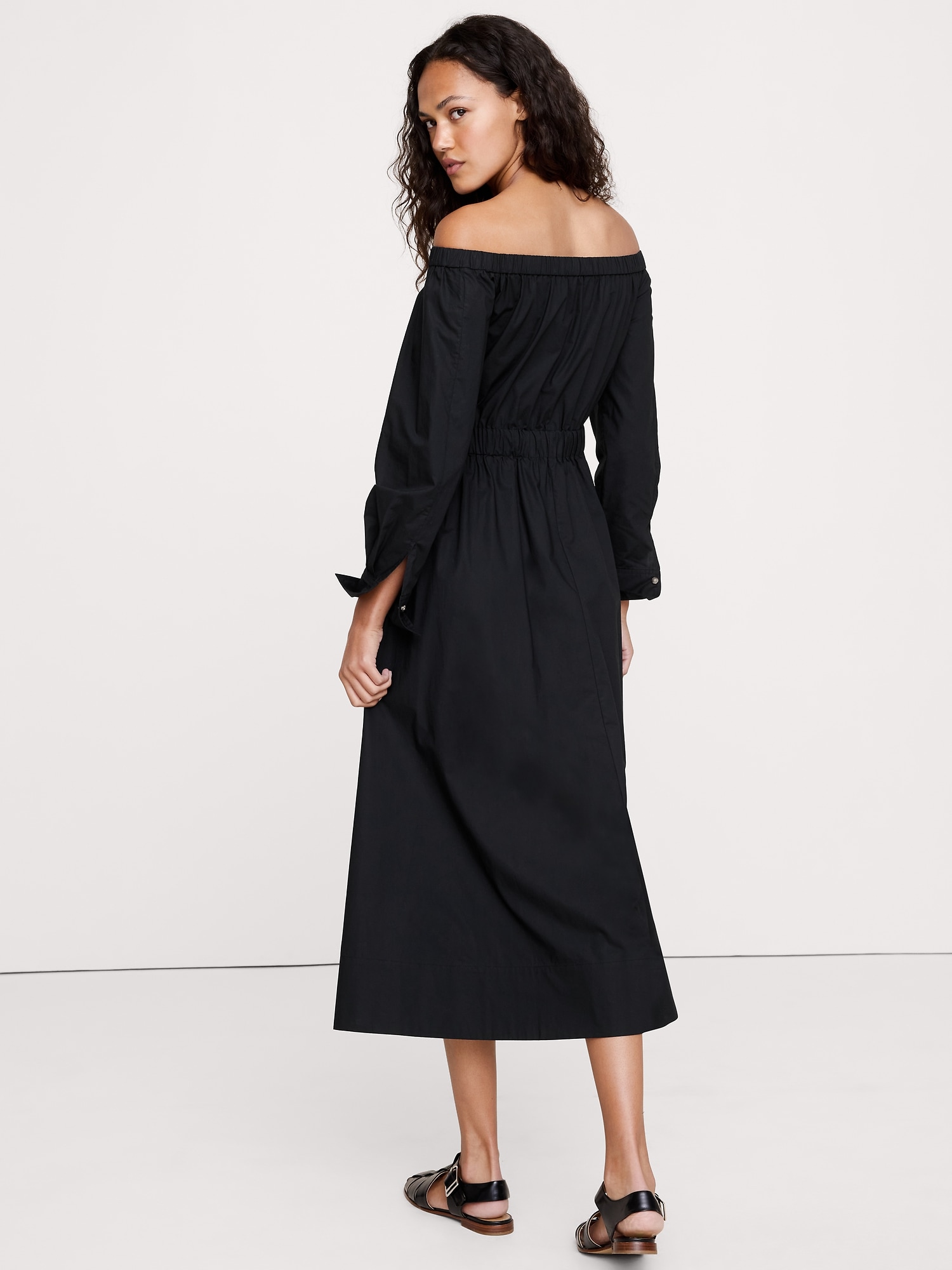Cotton Poplin Off-the-Shoulder Long Midi Shirt Dress