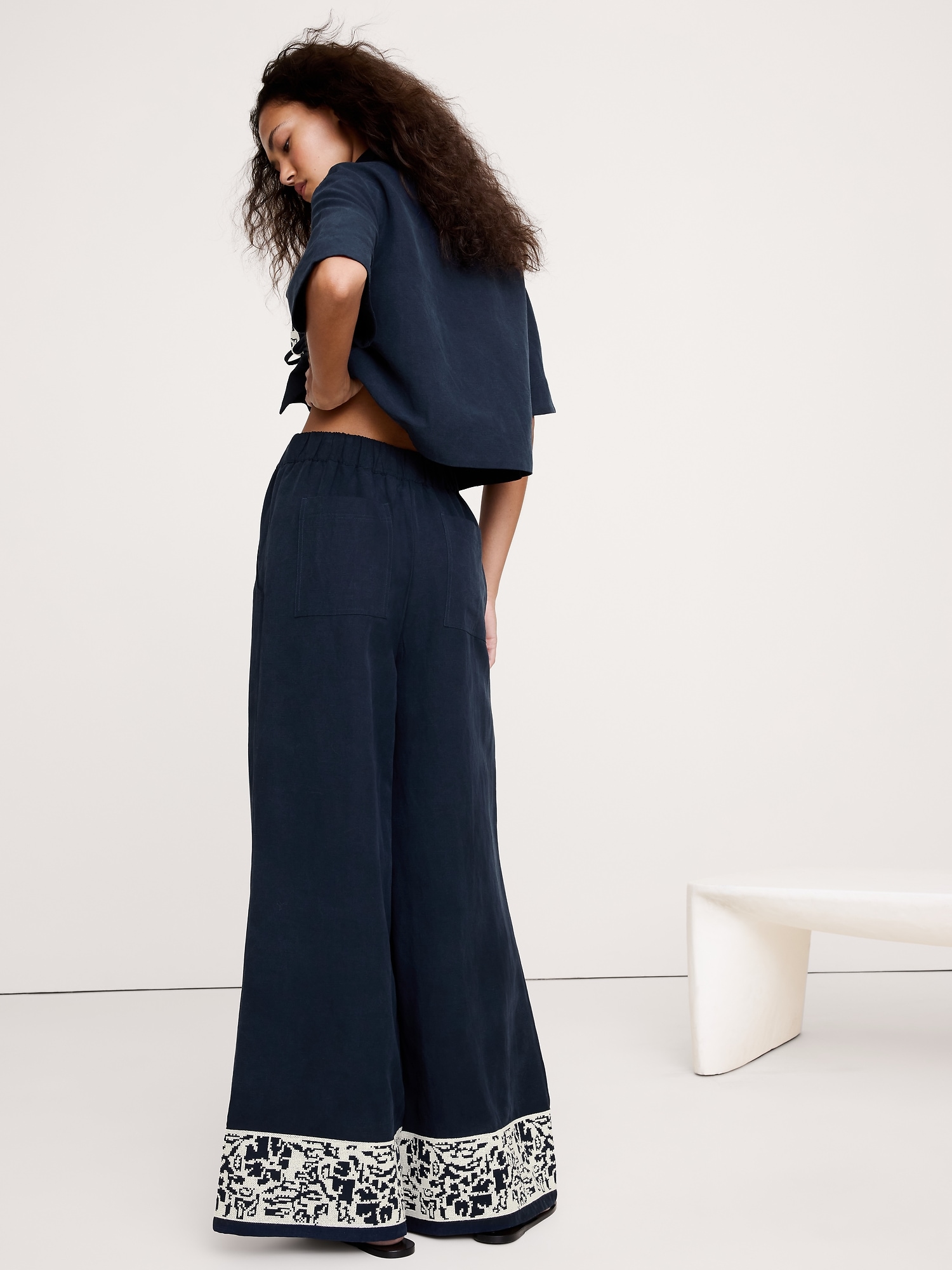 High-Rise Wide-Leg Embroidered Tencel™-Linen Pull-On Pant