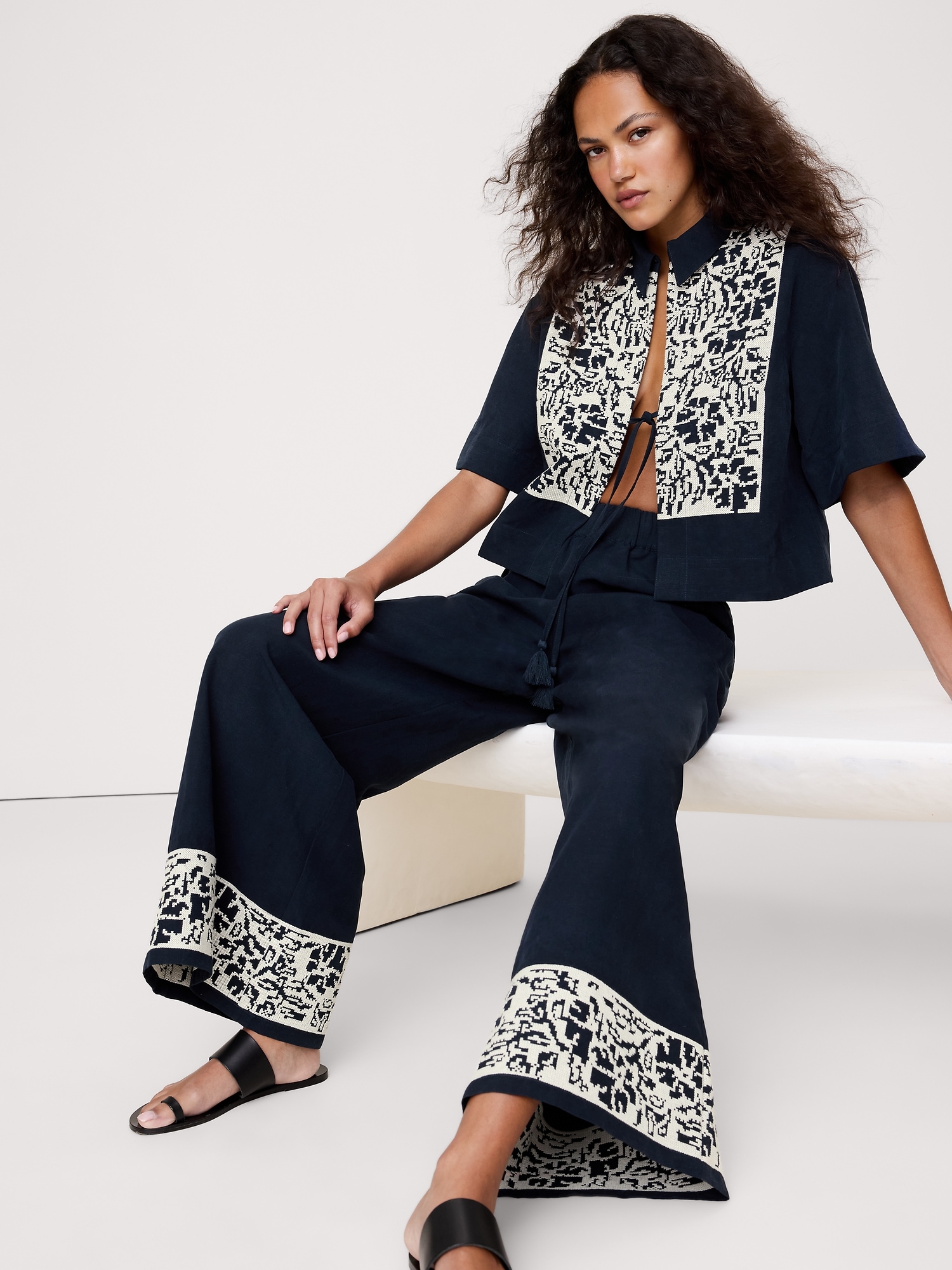 High-Rise Wide-Leg Embroidered Tencel™-Linen Pull-On Pant