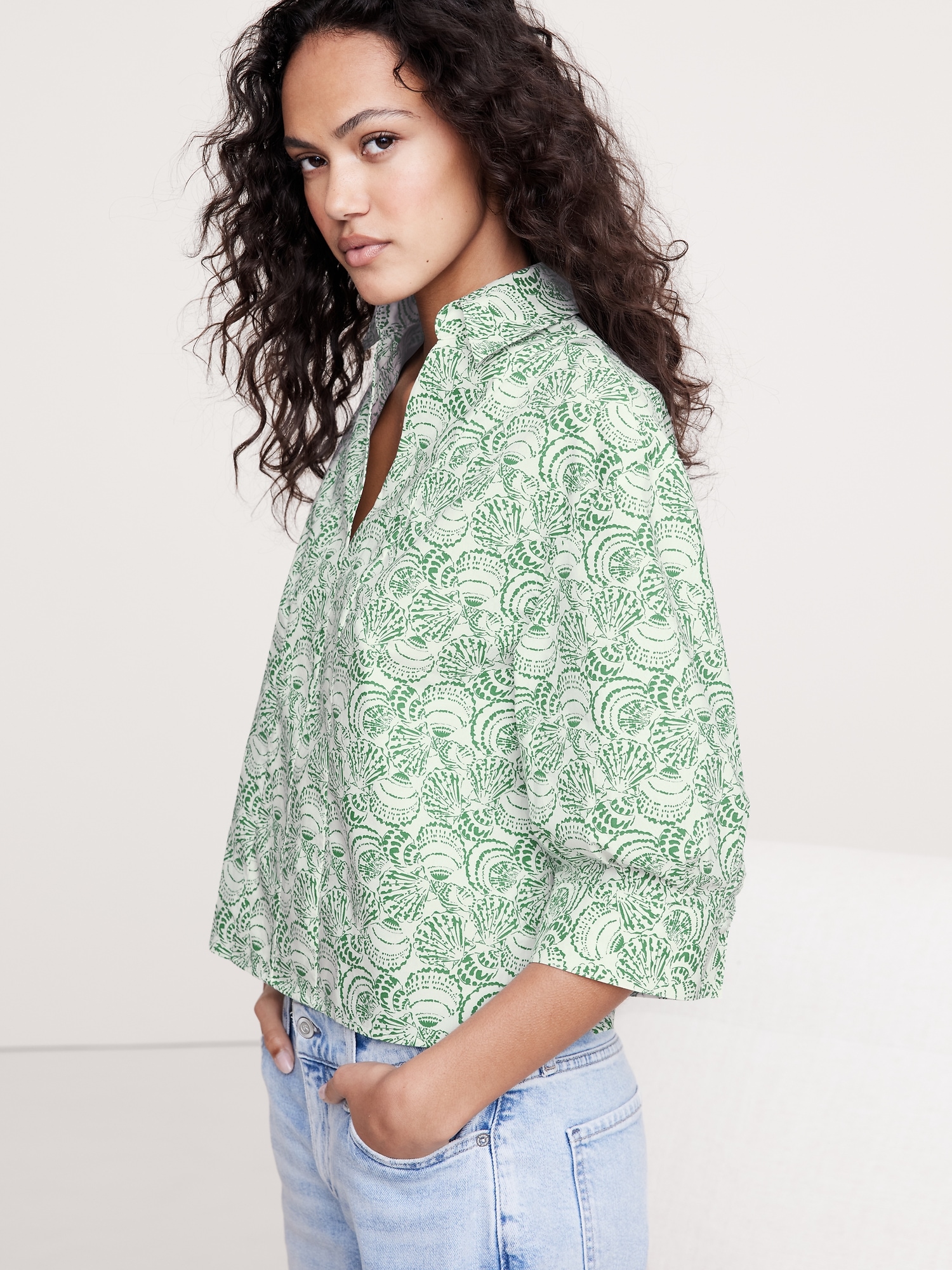 Balloon-Sleeve Cotton Poplin Popover Top