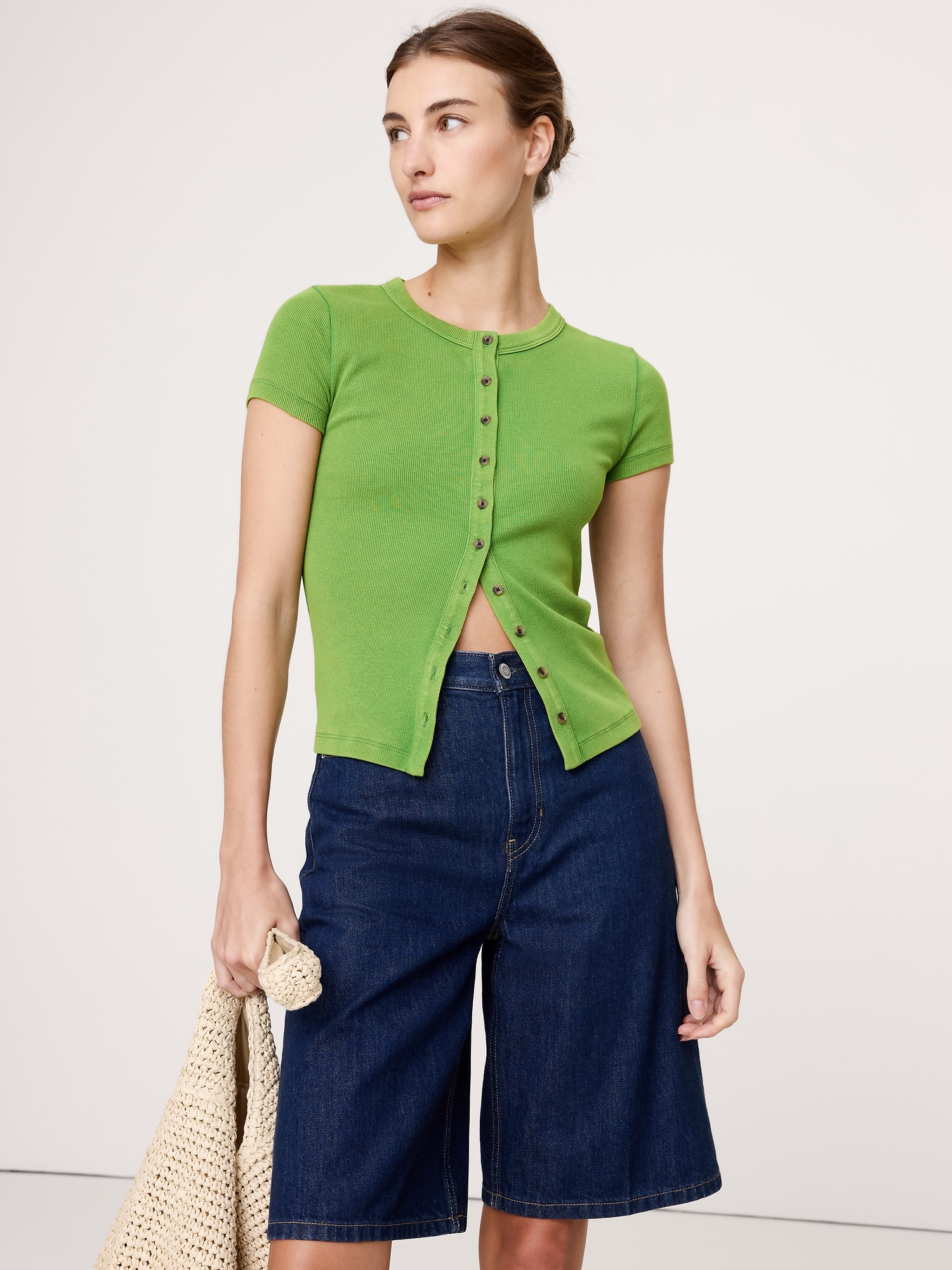 Ribbed Short-Sleeve Button-Down Top