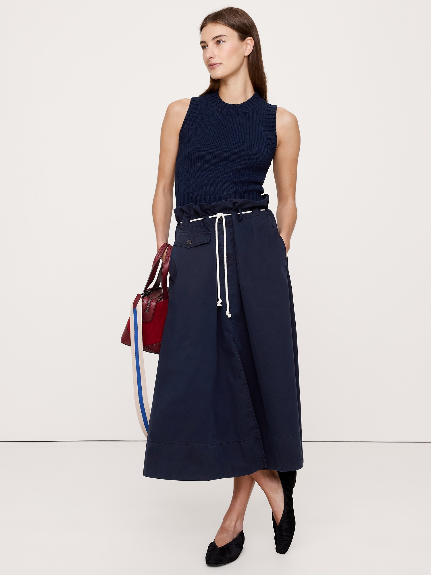 COTTON-SILK CROPPED SWEATER TANK - Navy Blue