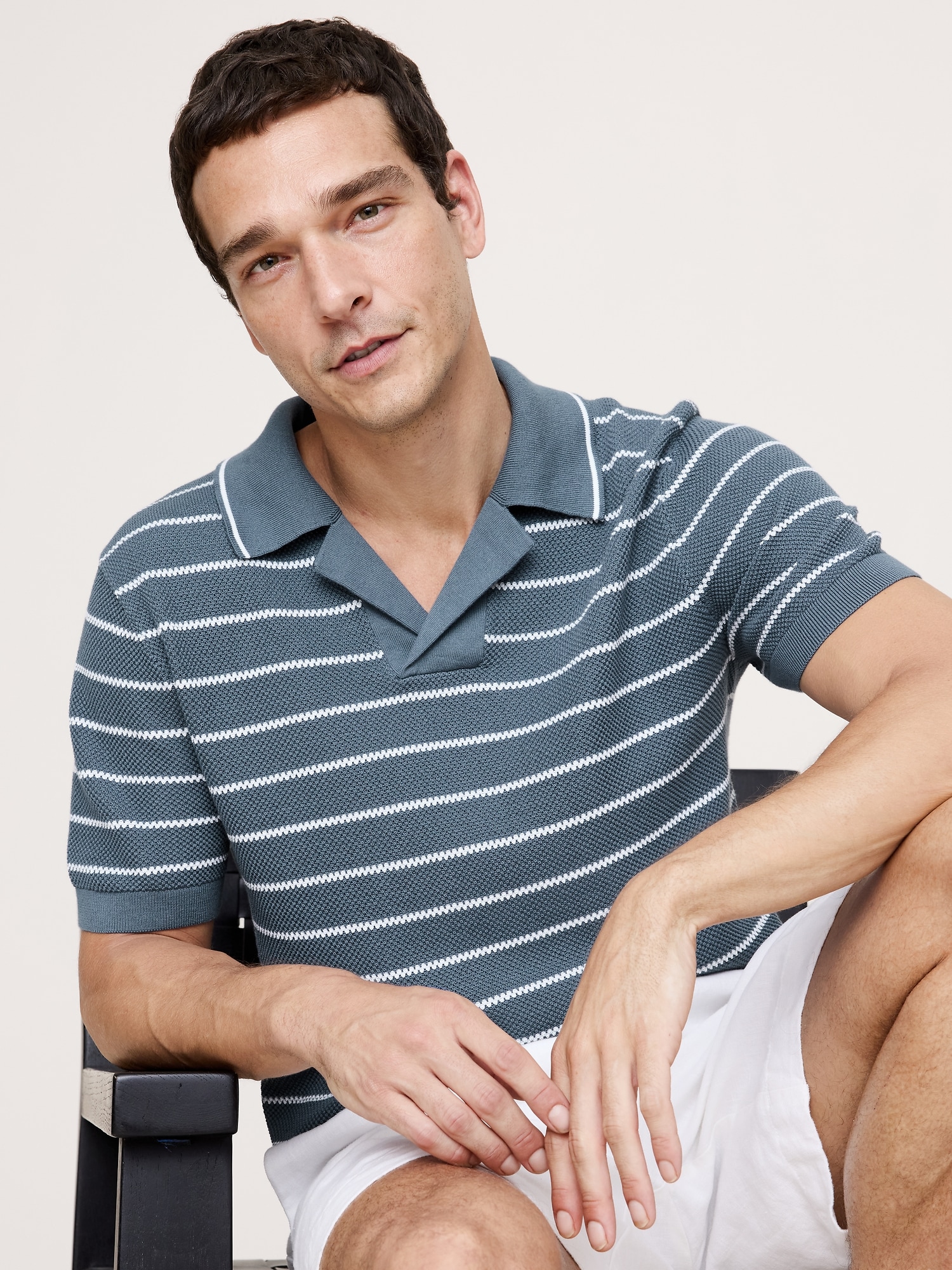 Texture Stripe Cotton Polo - Blue