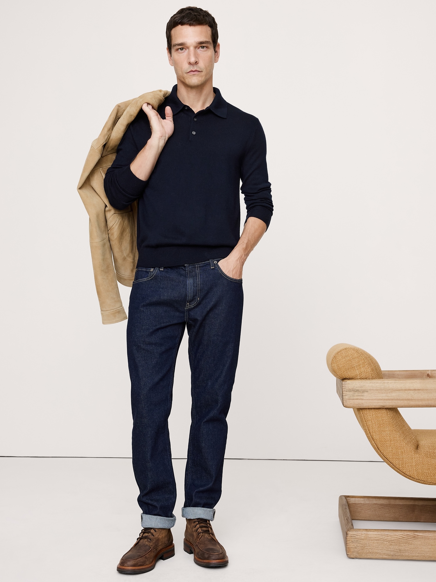 MERINO WOOL LONG-SLEEVE SWEATER POLO - Navy Blue