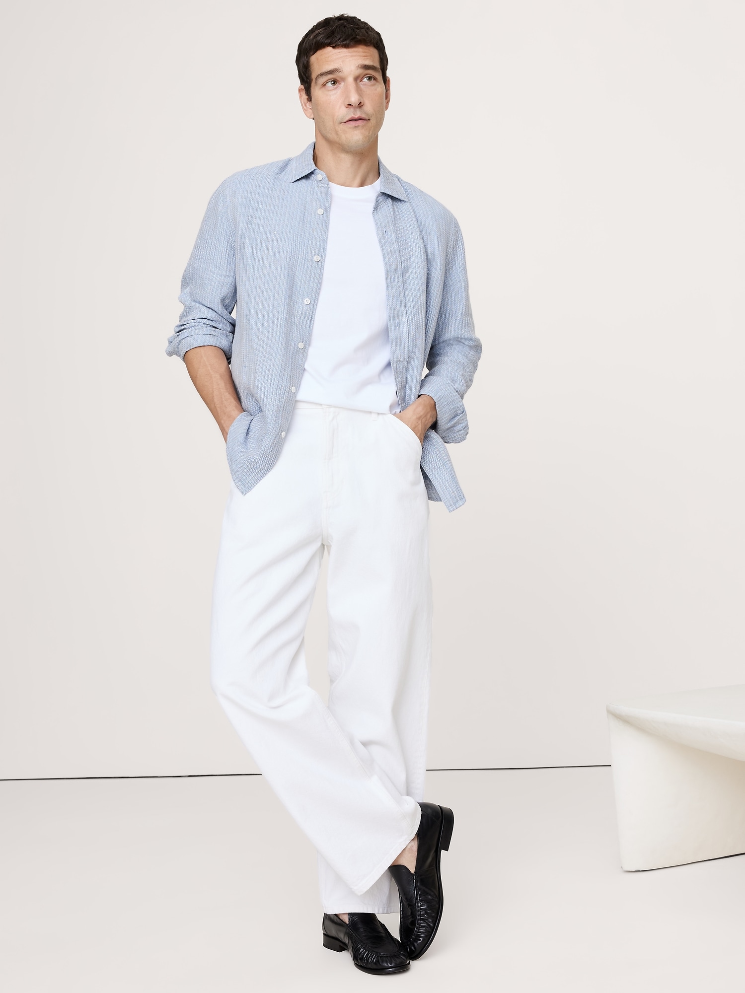 TEXTURED SHIRT WITH LINEN - Light Blue Texture