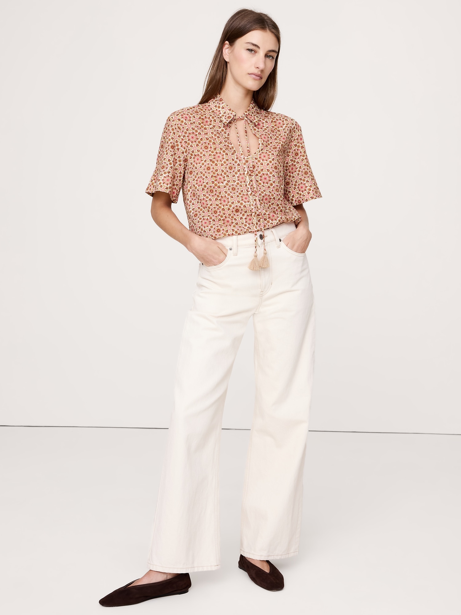 Image number 3 showing, COTTON POPOVER SHIRT WITH TASSEL TIE