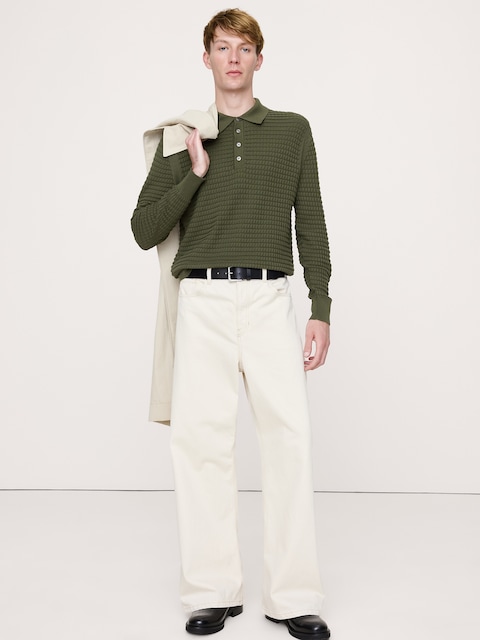 Textured Cotton Long-Sleeve Sweater Polo