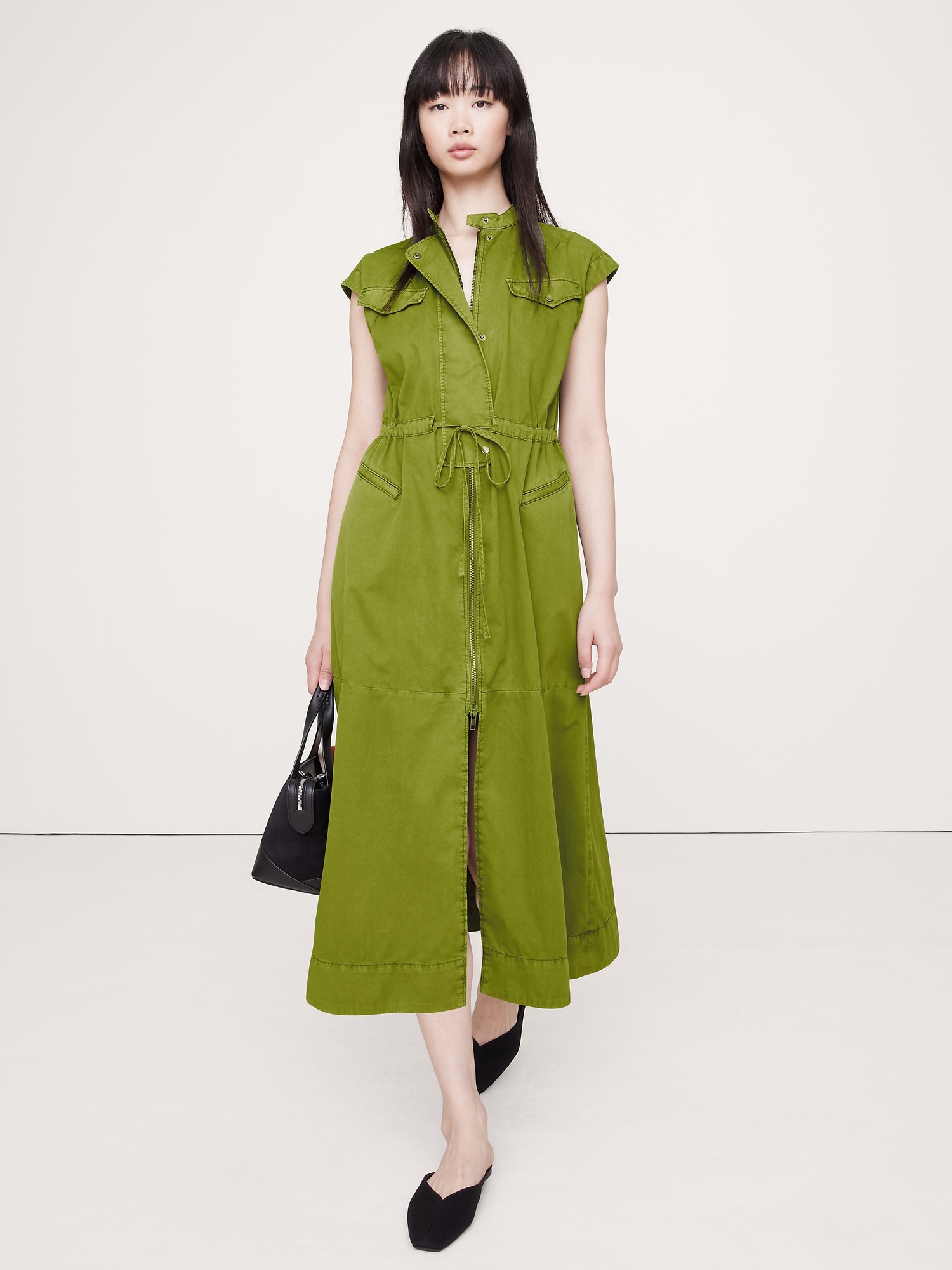 COTTON TWILL UTILITY LONG MIDI DRESS