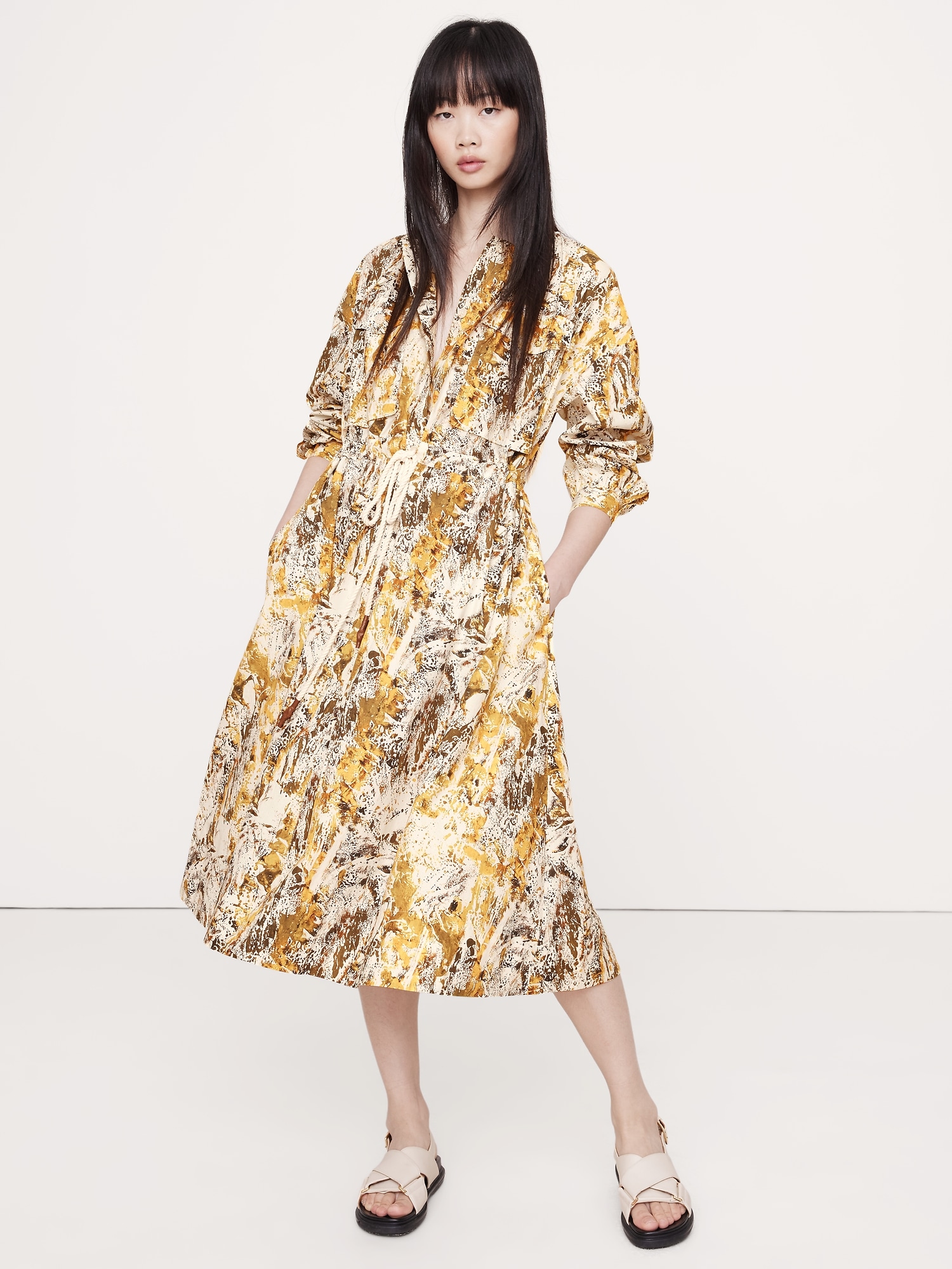 COTTON POPLIN POCKET MIDI SHIRTDRESS - Yellow Camo Splatter