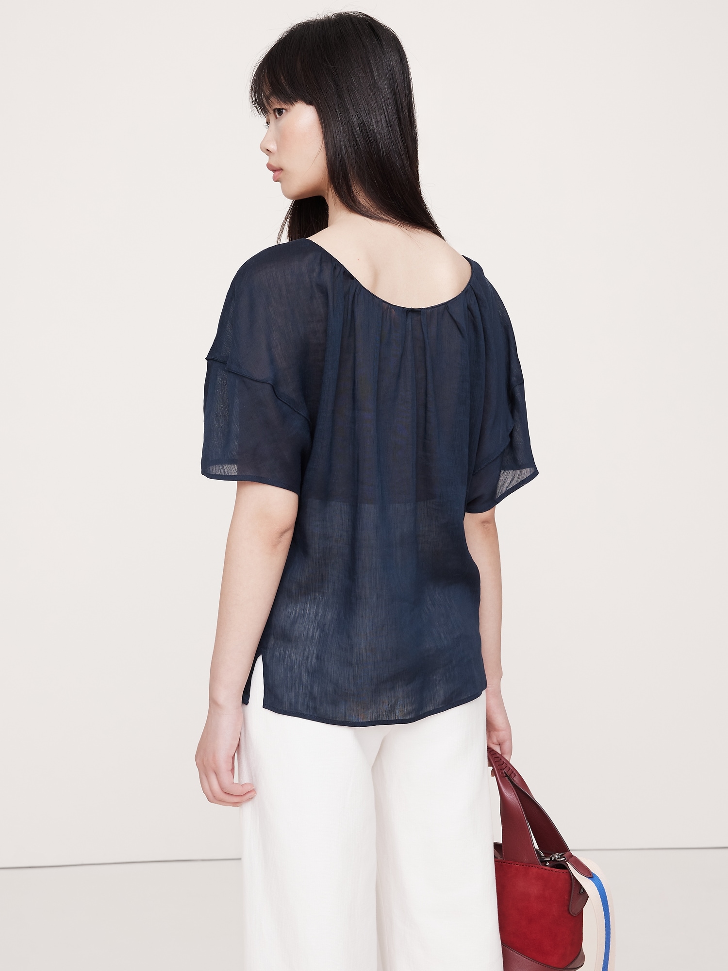 Image number 5 showing, LINEN-VISCOSE GAUZE PUFF-SLEEVE TOP