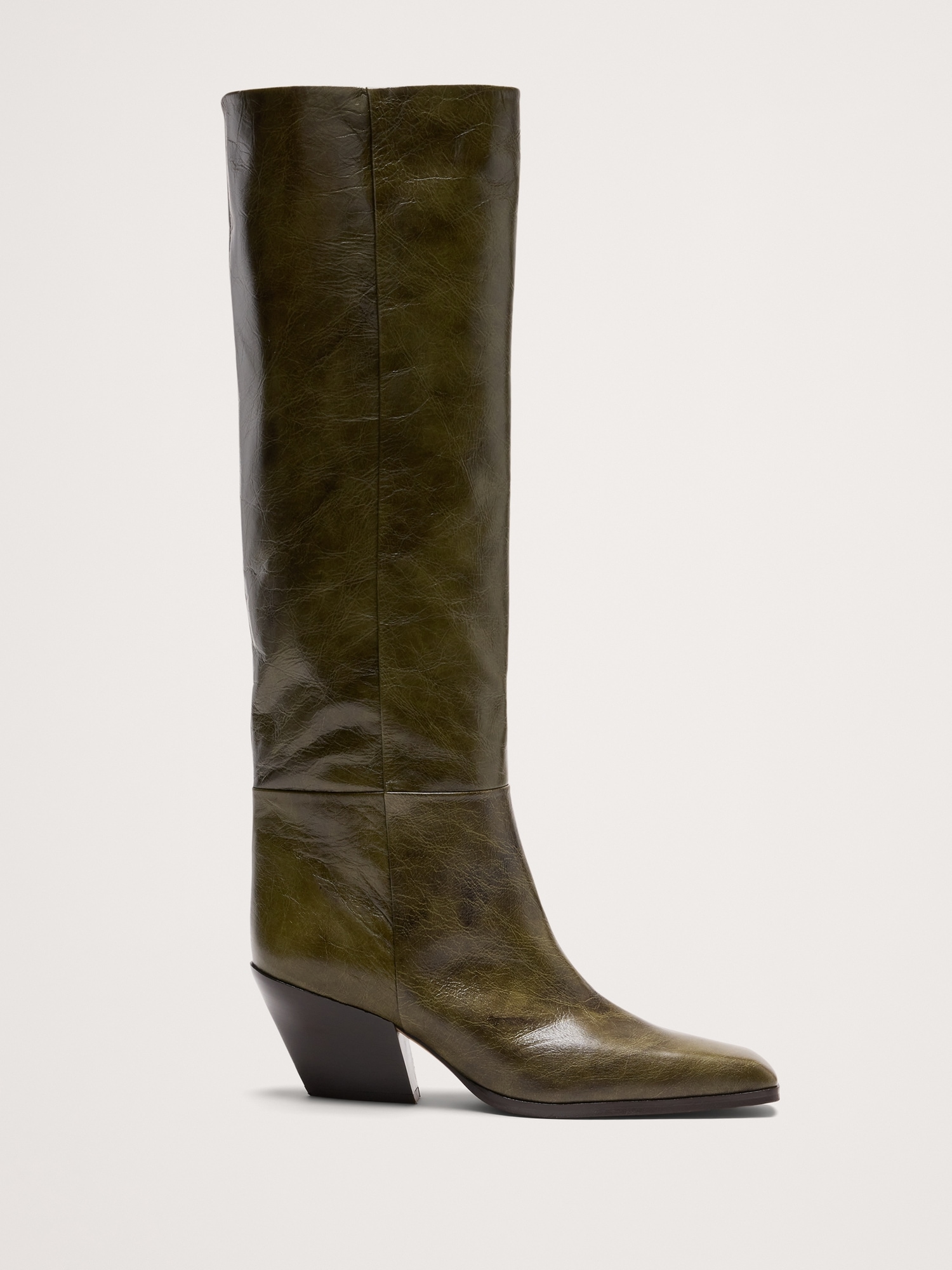 Italian Leather Knee-High Boot - Olive Green Leather