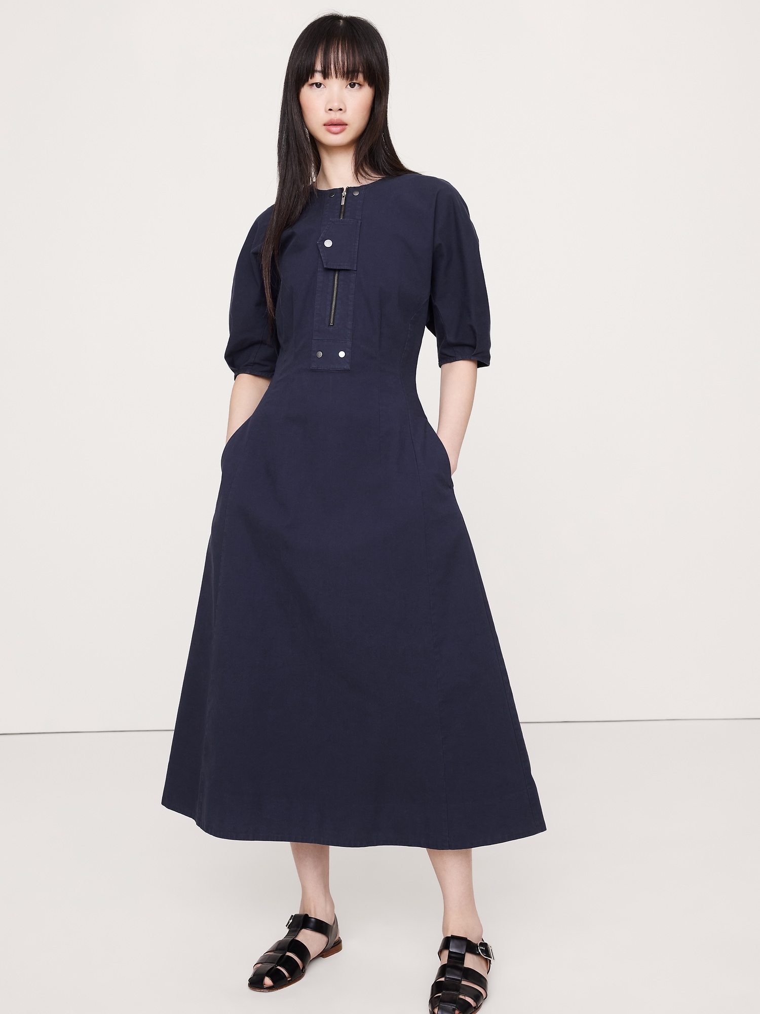 STRETCH-COTTON TWILL UTILITY MIDI DRESS