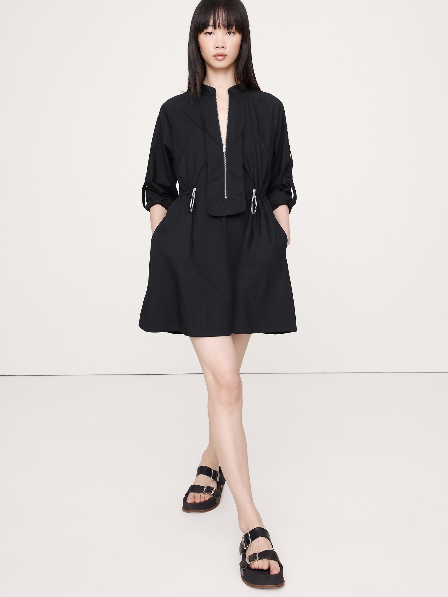 COTTON TWILL UTILITY MINI DRESS - Black